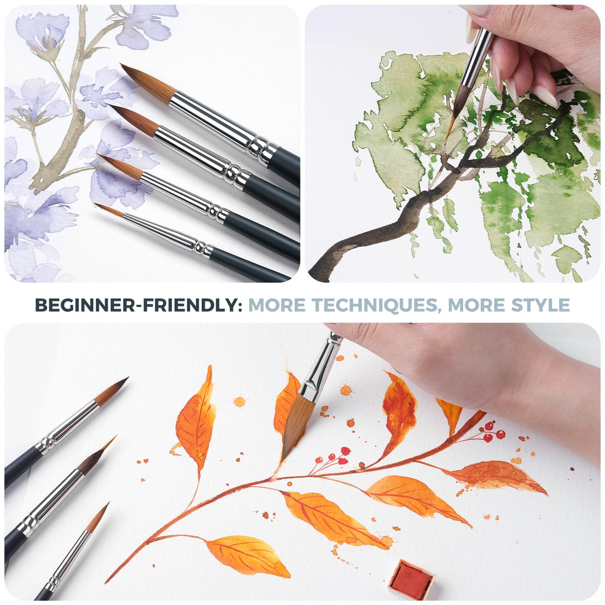 Fuumuui Watercolor Brush Set, 10Pcs Professional Soft Synthetic Hair Paint Brushes - Wide Flat