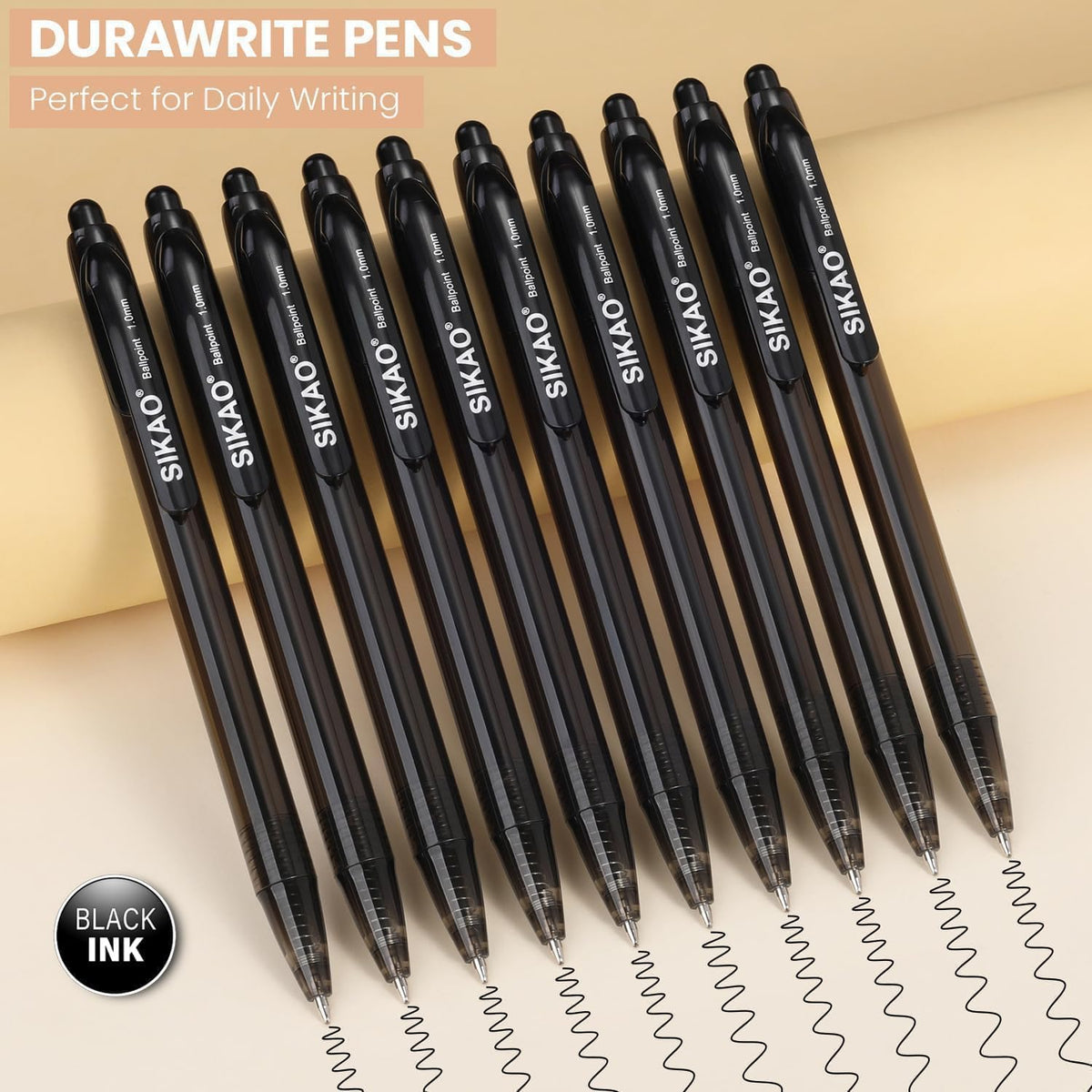 Sikao Black Pens Bulk, 60-Pack Durawrite Retractable Ballpoint Pens