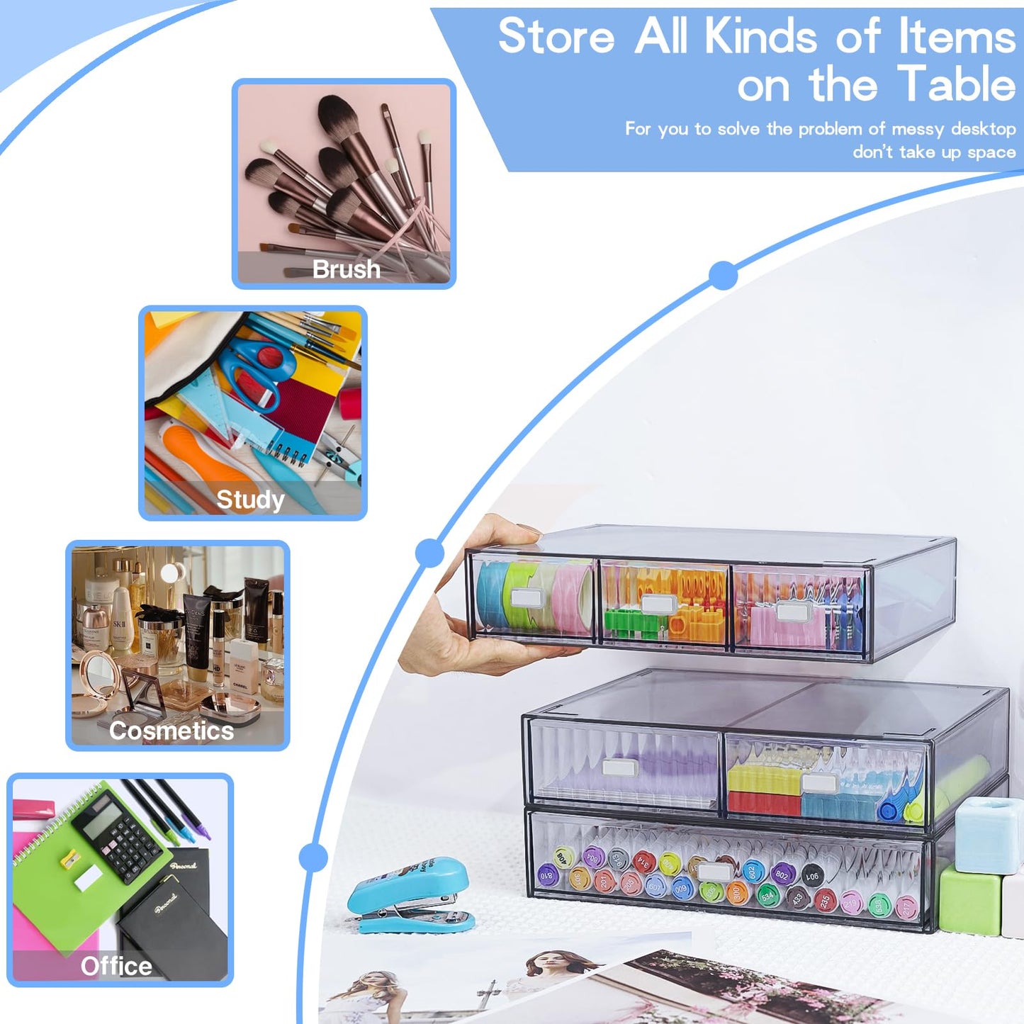 3 Tier Stackable Desk Organizer with 6 Drawers, YOCOMEY Plastic Desktop Storage Box Drawers