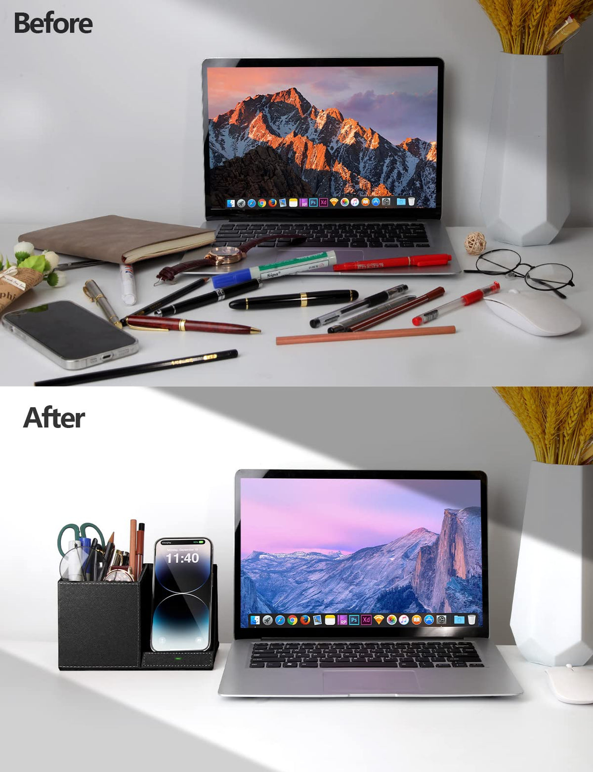 Desk Supplies Organizer, Multi-Functional Pencil Pen Holder with Wireless Charger, Desktop