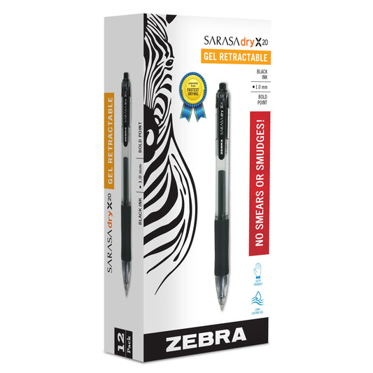 Zebra Pen SARASA X20 Retractable Gel Pen, Black Ink, 1.0mm, 12-Pack