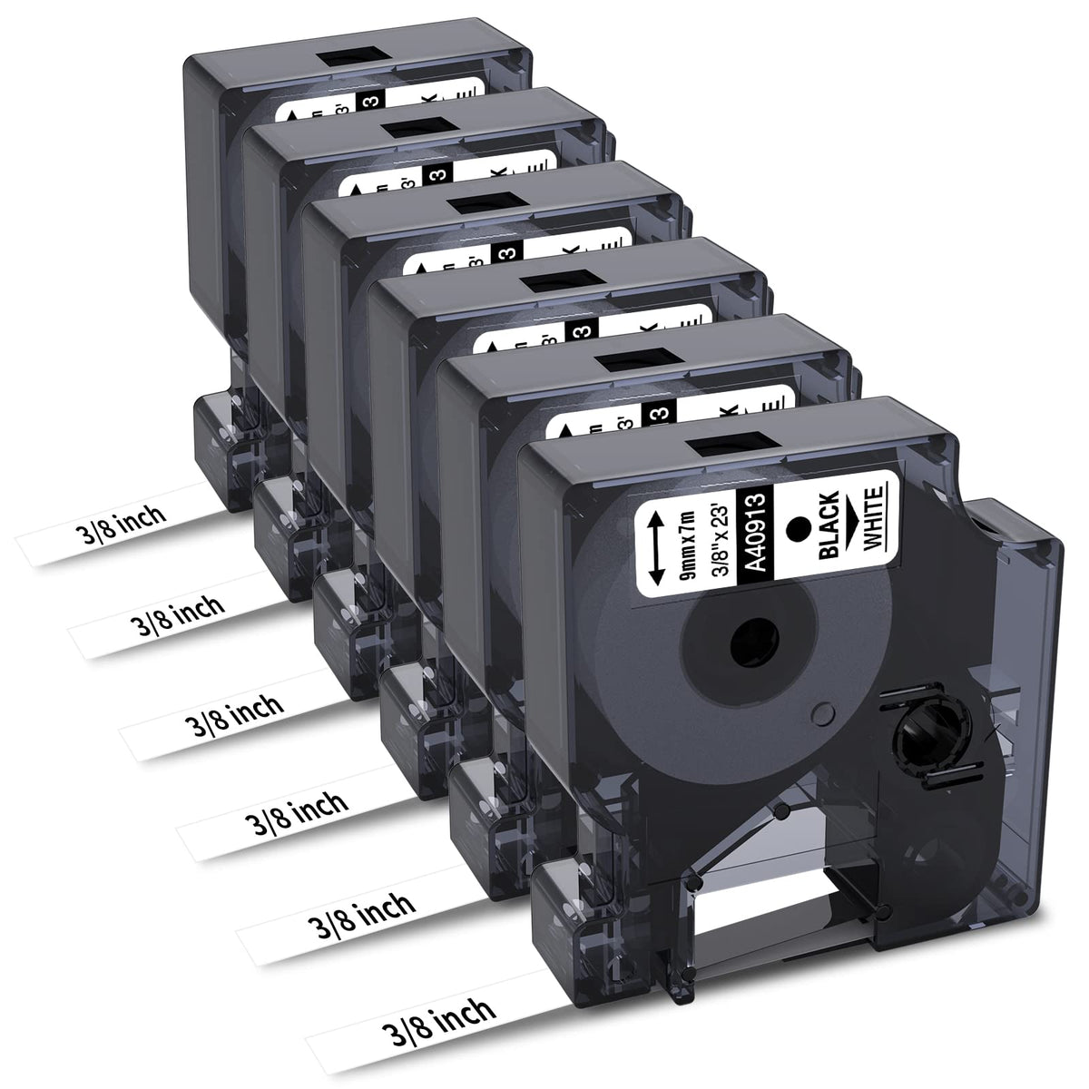 6-Pack Compatible Dymo 41913 (40913) 3/8" D1 Label Tape Black on White 9mm