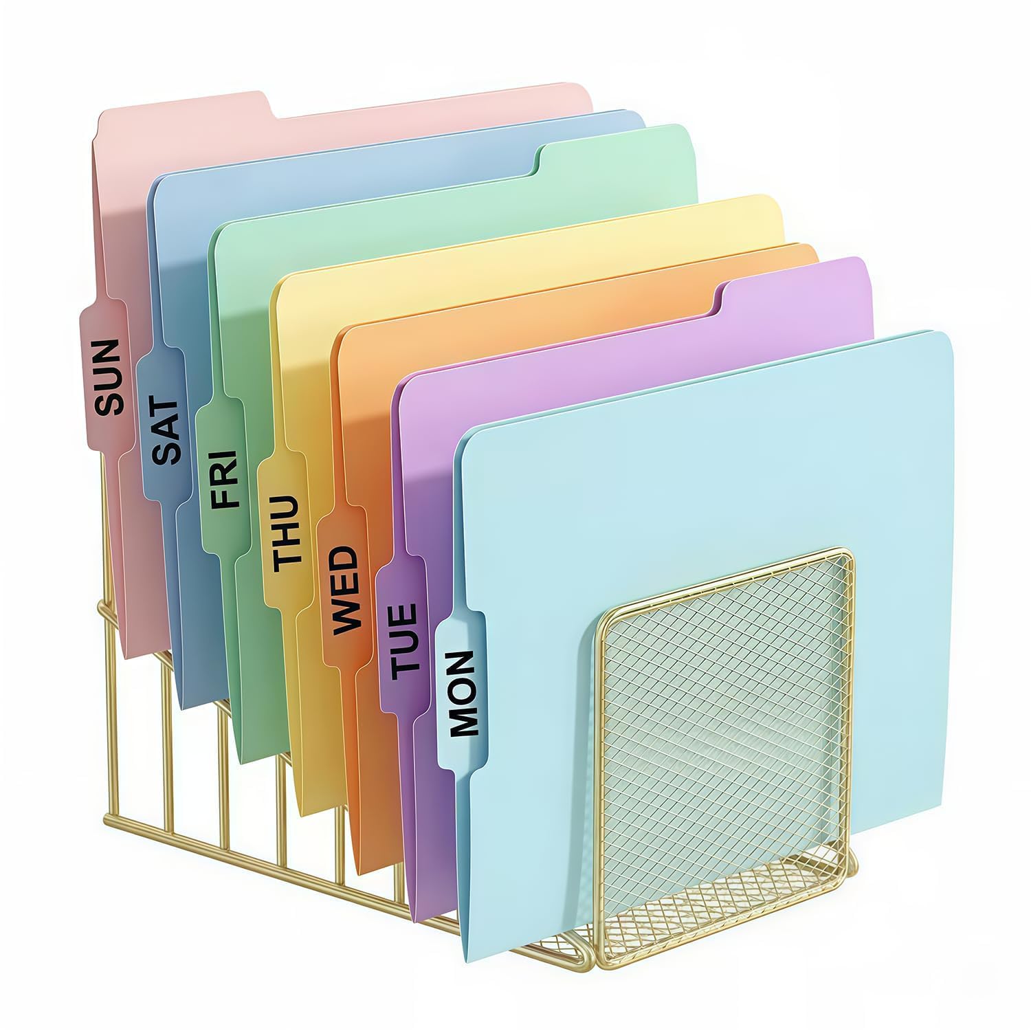 Simmer Stone Gold Desk Organizer 7 Slot Inclined Vertical File Folder Holder Sorter with Mesh Front