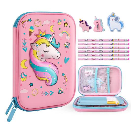 homicozy Pencil Case for Girls,Cute Unicorn Stationary Set for Kids,3D EVA School Large Capacity