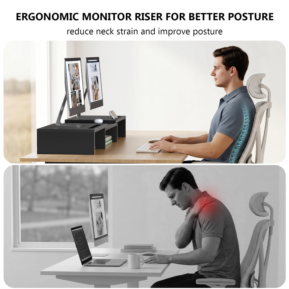 WALI Extra Long Wooden Dual Monitor Stand Riser with 2 Slots, up to 22lbs