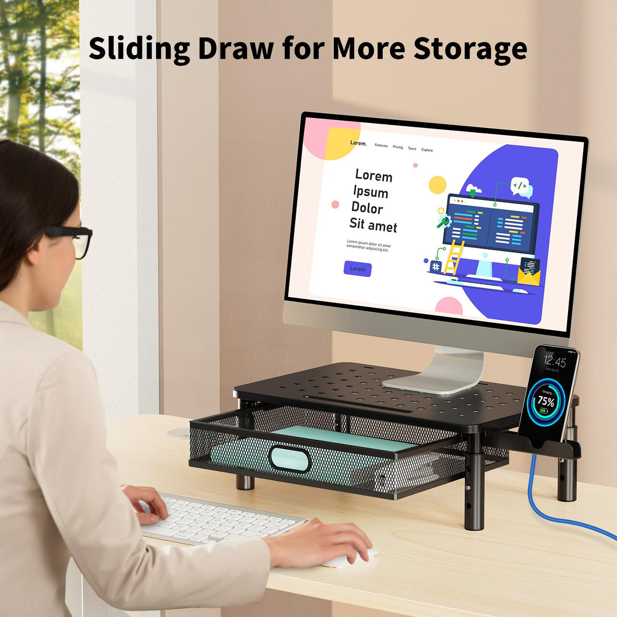 Zimilar Monitor Stand Riser with Metal Mesh Drawer, Height Adjustable
