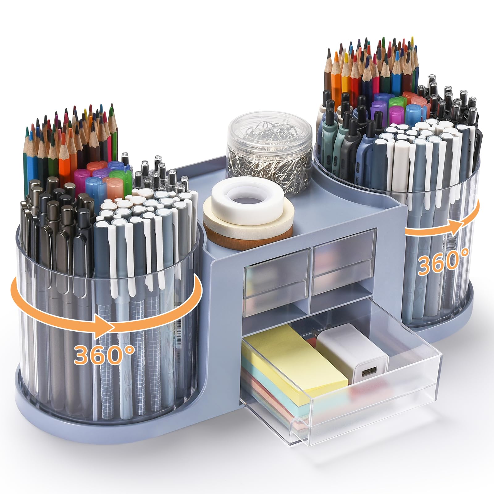 KLIONGO Rotating Desk Organizer with 2 Pen Holder, Desk Organizers and Accessories with 10 Slots