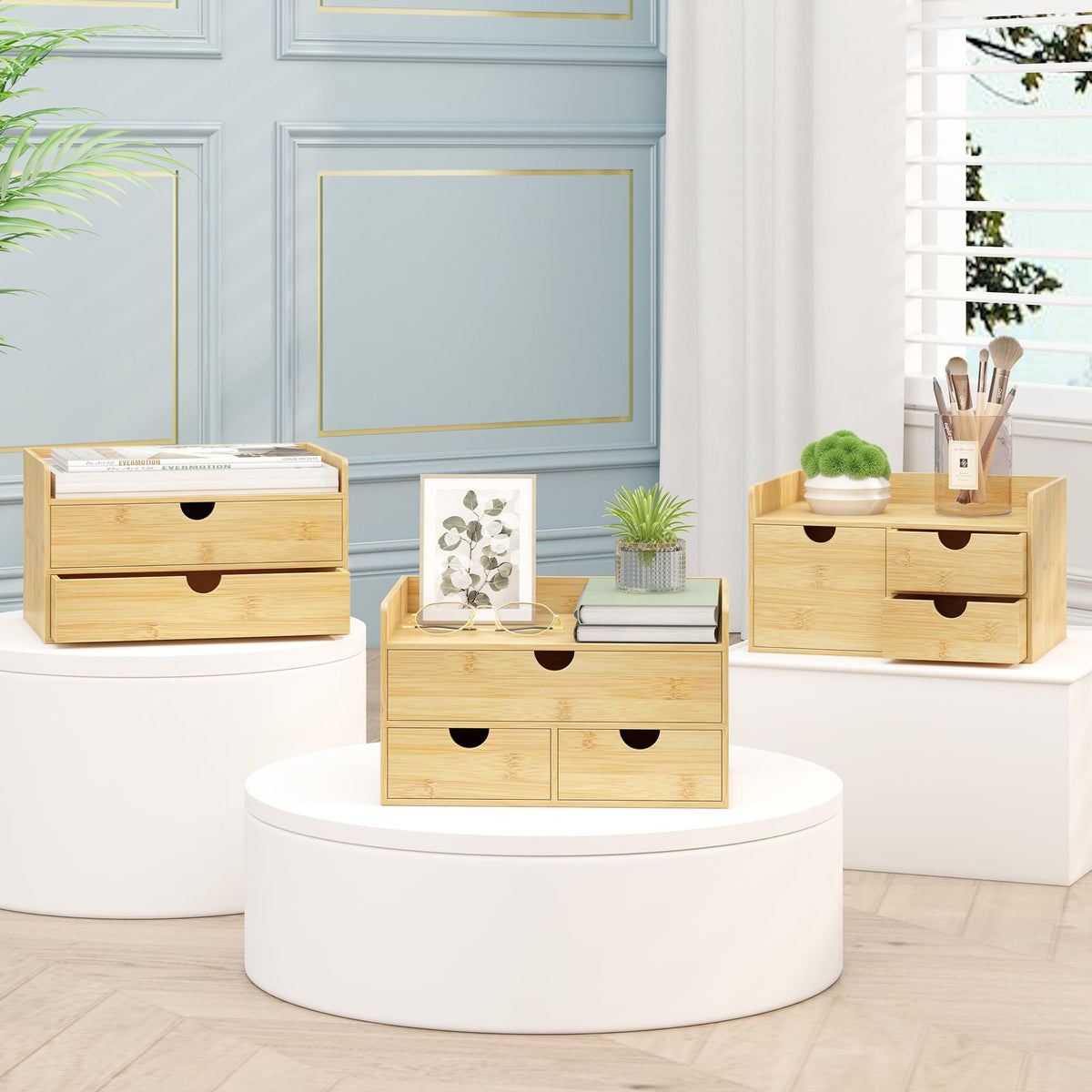 Wisuce Bamboo Desk Drawer Organizer, 2 Drawer Desktop Organizer with Drawers Tabletop Storage