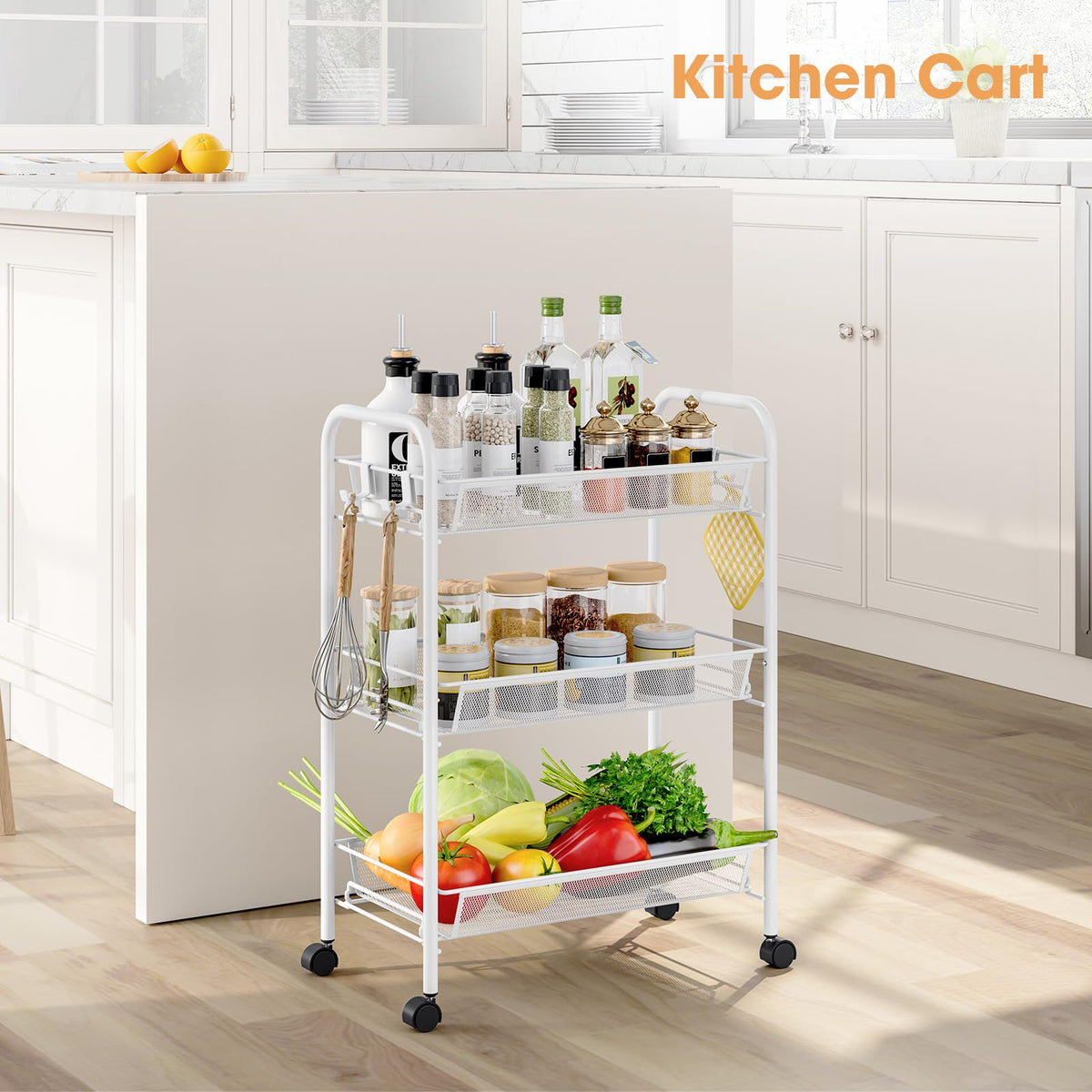 TOOLF 3 Tier Rolling Cart, Metal Utility Storage Cart with Wheels, White