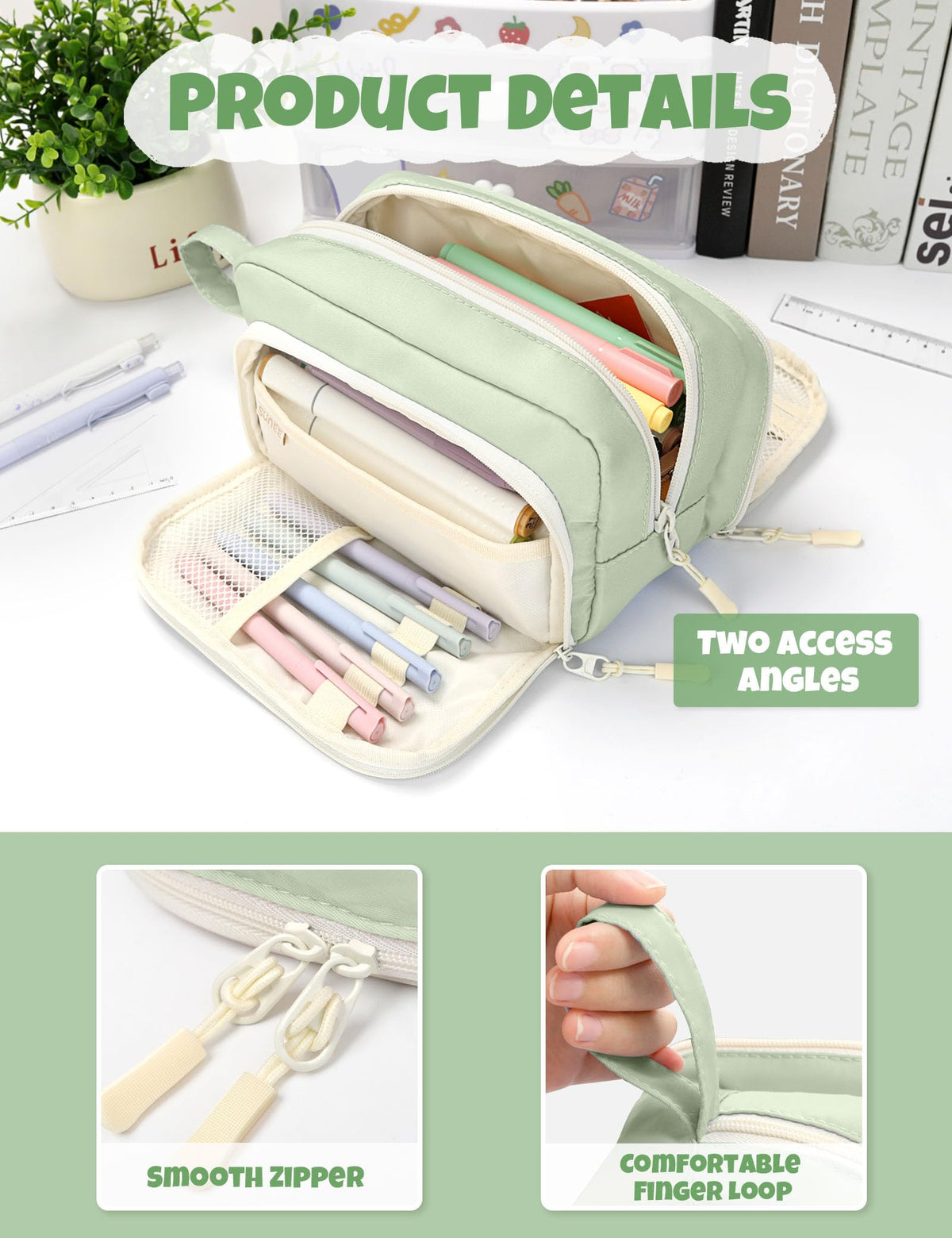 SUNEE Cute Pencil Case, Aesthetic Pen Pouch with 3 Compartments, Kawaii Colored Large Pencil Bag