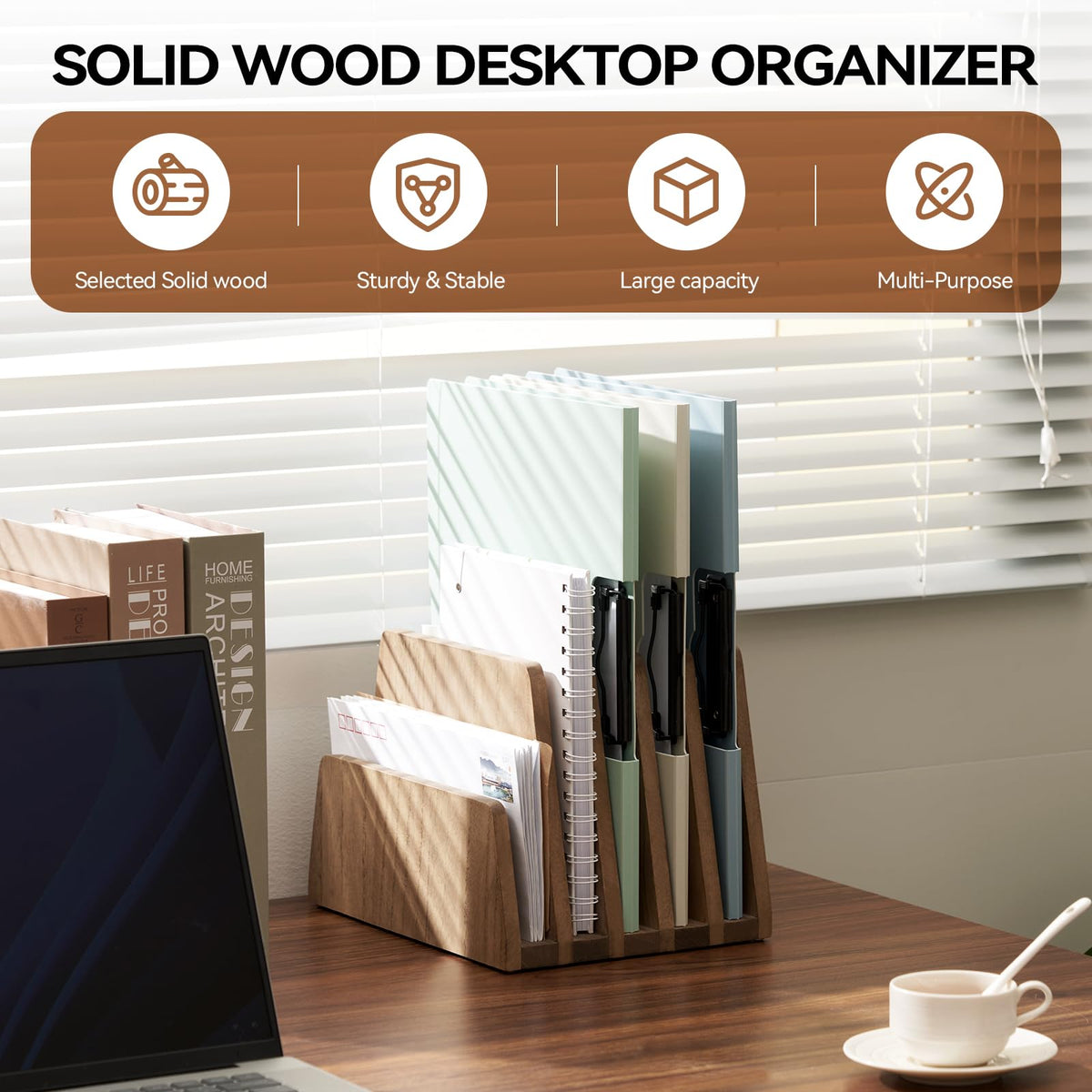 KIRIGEN Wooden Mail Organizer, 5-Slot File Holder for Desk, Brown 5K-DBR