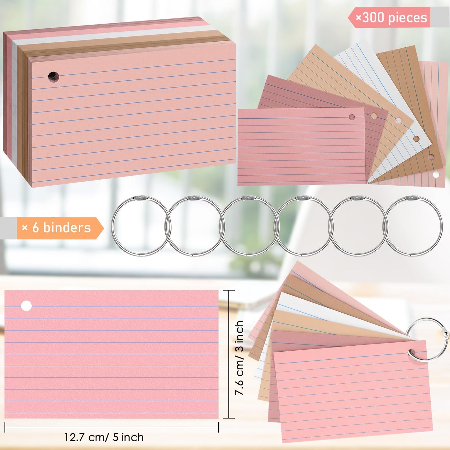 Epakh 300 Pcs Index Cards with Rings, 3 x 5 Inch, Dark Pink Brown Series