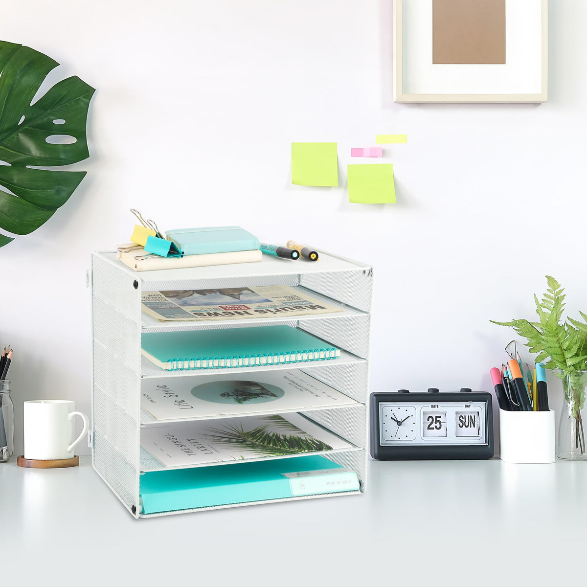 EASEPRES 5 Slot Mesh Desk Organizer Tray, File Paper Letter Folder Holder Desktop Paper Sorter Mail
