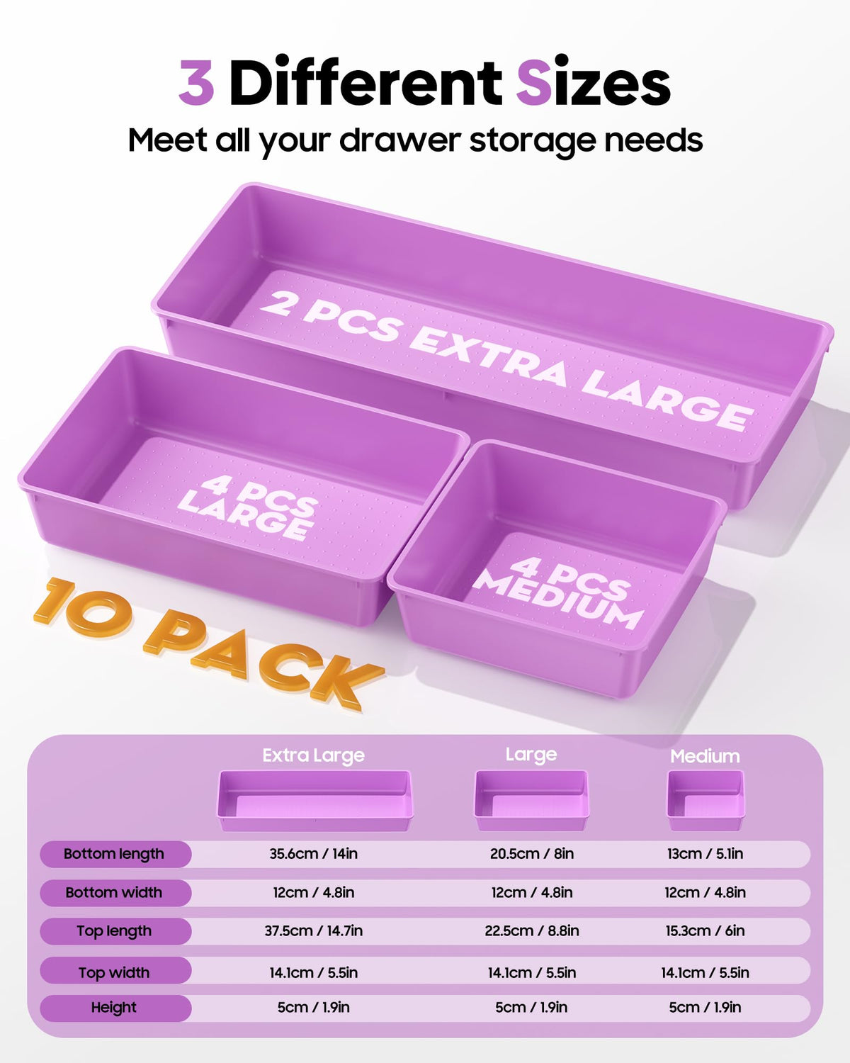 MLIKLU 10 Pack Large Size Plastic Drawer Organizers Set, 3 Sizes Desk Drawer Organizer Trays