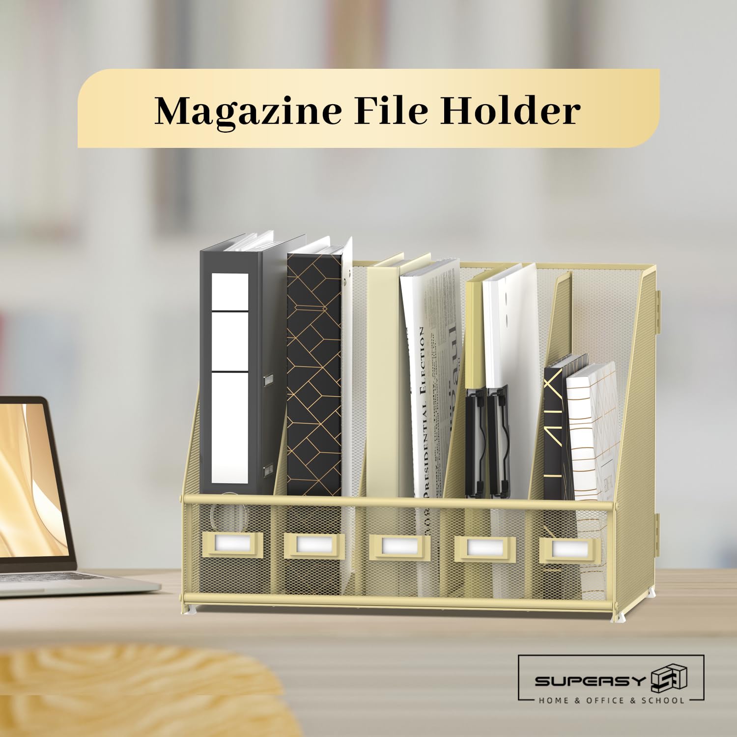 SUPEASY Desk Organizers Metal Desk Magazine File Holder with 5 Vertical Compartments Rack File