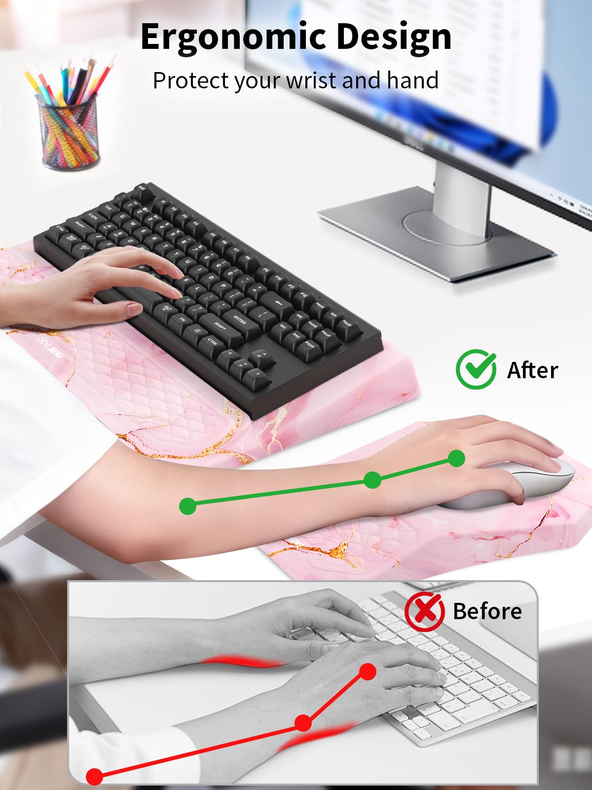3-in-1 Ergonomic Keyboard Stand with Wrist Rest & Mouse Pad Set,Pink Marble