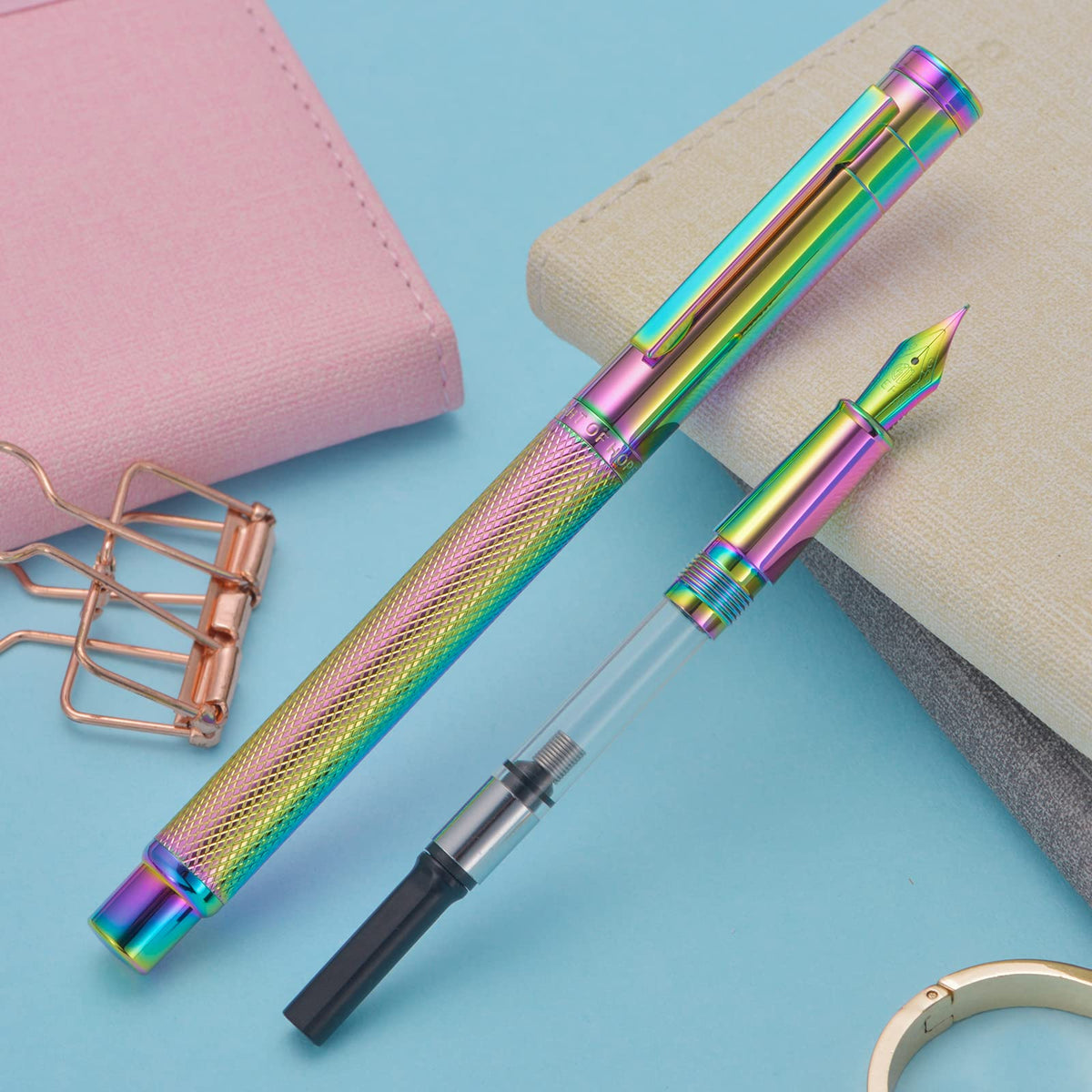 Hongdian 1851 Rainbow Forest Fountain Pen Medium Nib with Converter and Metal Pen Case Set