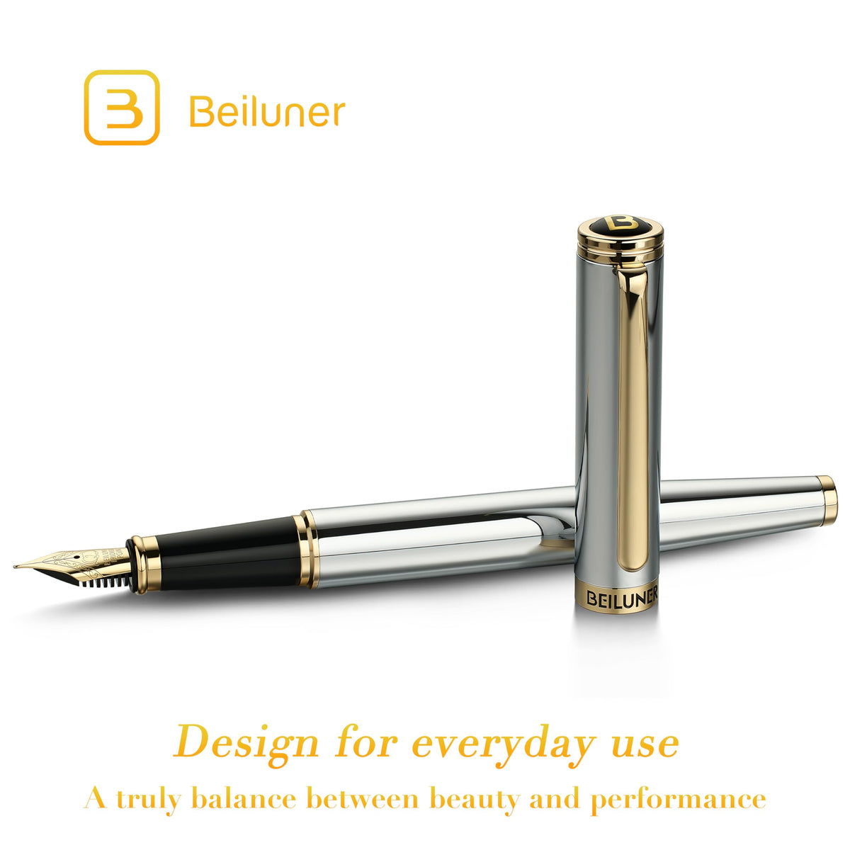 BEILUNER Silver Chrome Fountain Pen,Stunning Luxury with 24K Gold Accents, Gorgeous 24K Gilded