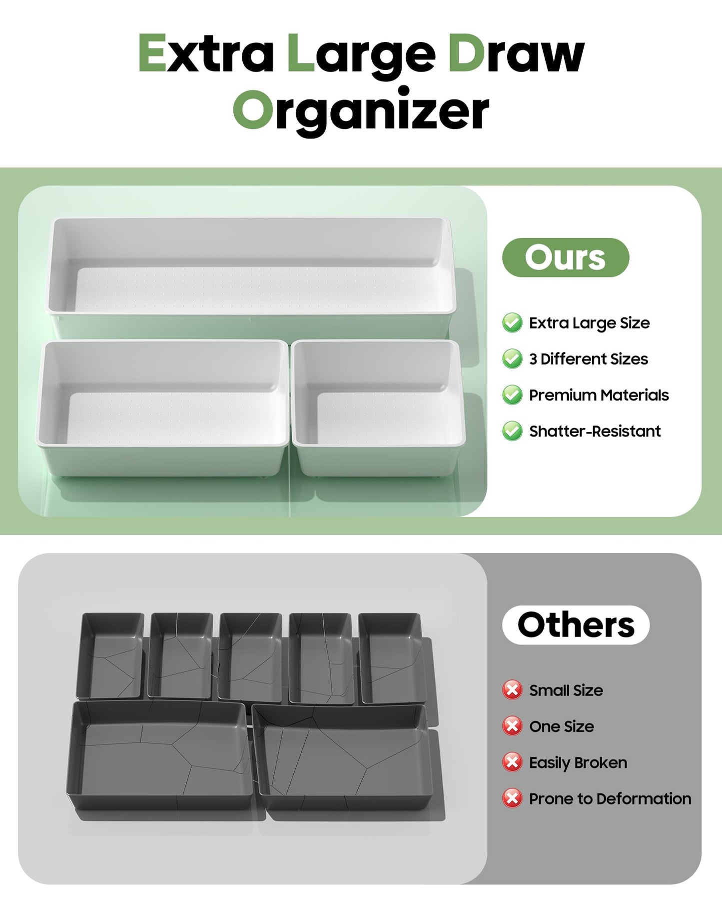 MLIKLU 10 Pack Large Size Plastic Drawer Organizers Set, 3 Sizes Desk Drawer Organizer Trays