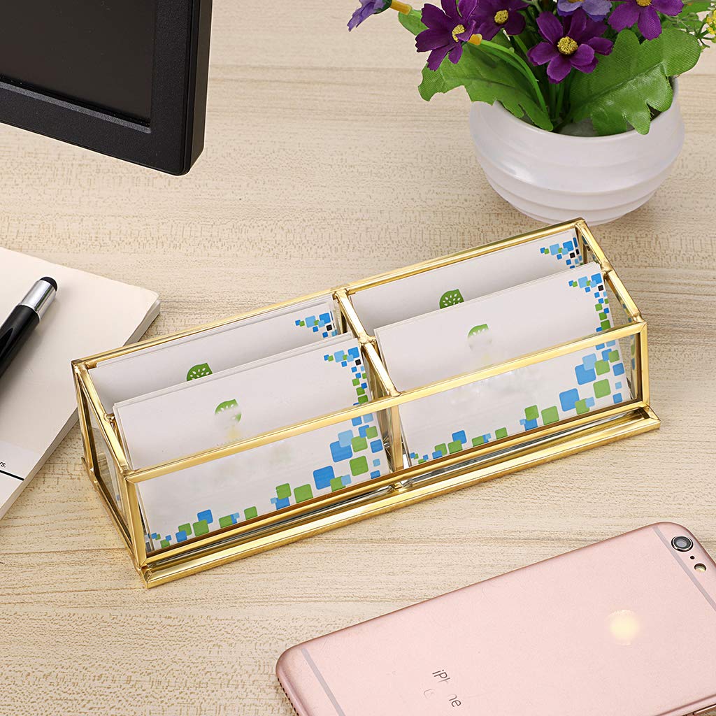 Hipiwe 4 Slots Vintage Business Card Holder Stand, Clear Glass & Gold Metal