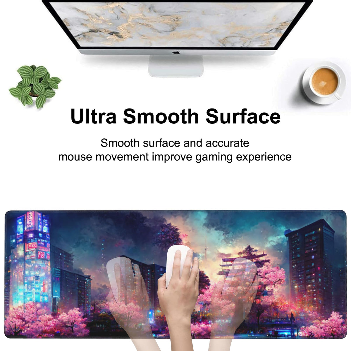 Japanese Fantasy Night City Desk Mat,Large Beautiful Night Scene Gaming Keyboard Mouse Pad,Non-Slip