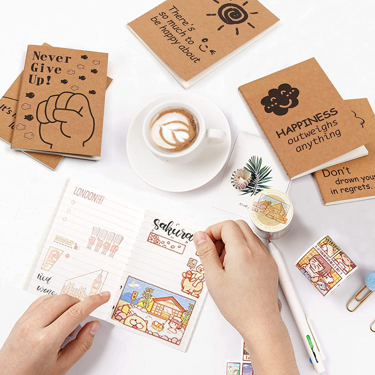 feela 8 Pack Cute Kraft Notebooks, 8 Designs Mini Pocket A6 Notebook Journal Notepad, Lined Small