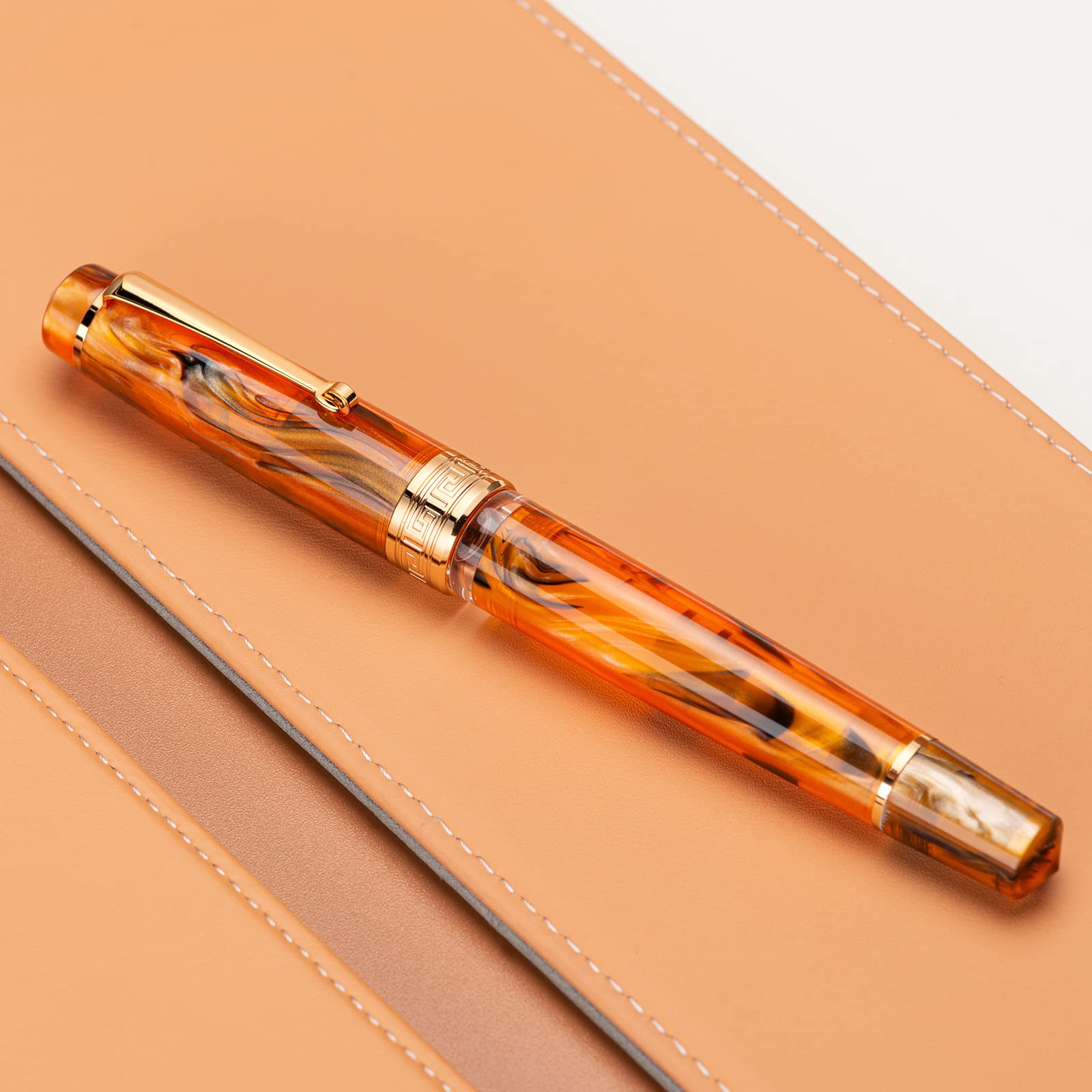 Asvine P20 Piston Fountain Pen, Stub Nib 1.1mm Calligraphy Art Drawing Amber Acrylic with Case Set