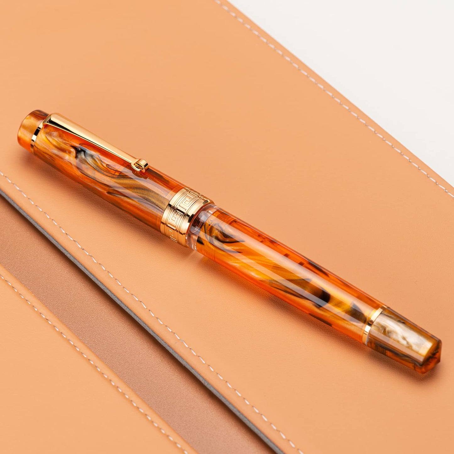 Asvine P20 Piston Fountain Pen Amber Resin, Iridium Extra Fine Nib Gold Trim Smooth Writer