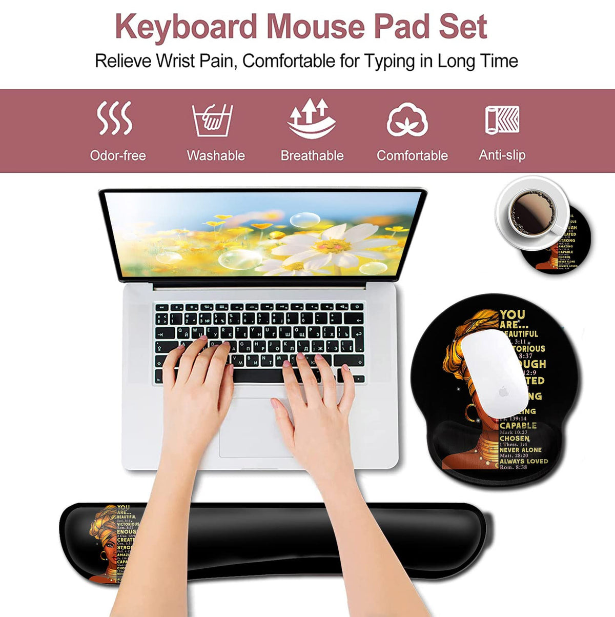 Black Mouse Pad with Stitched Edge Non-Slip Rubber Base, Office Accessories Desk Decor for