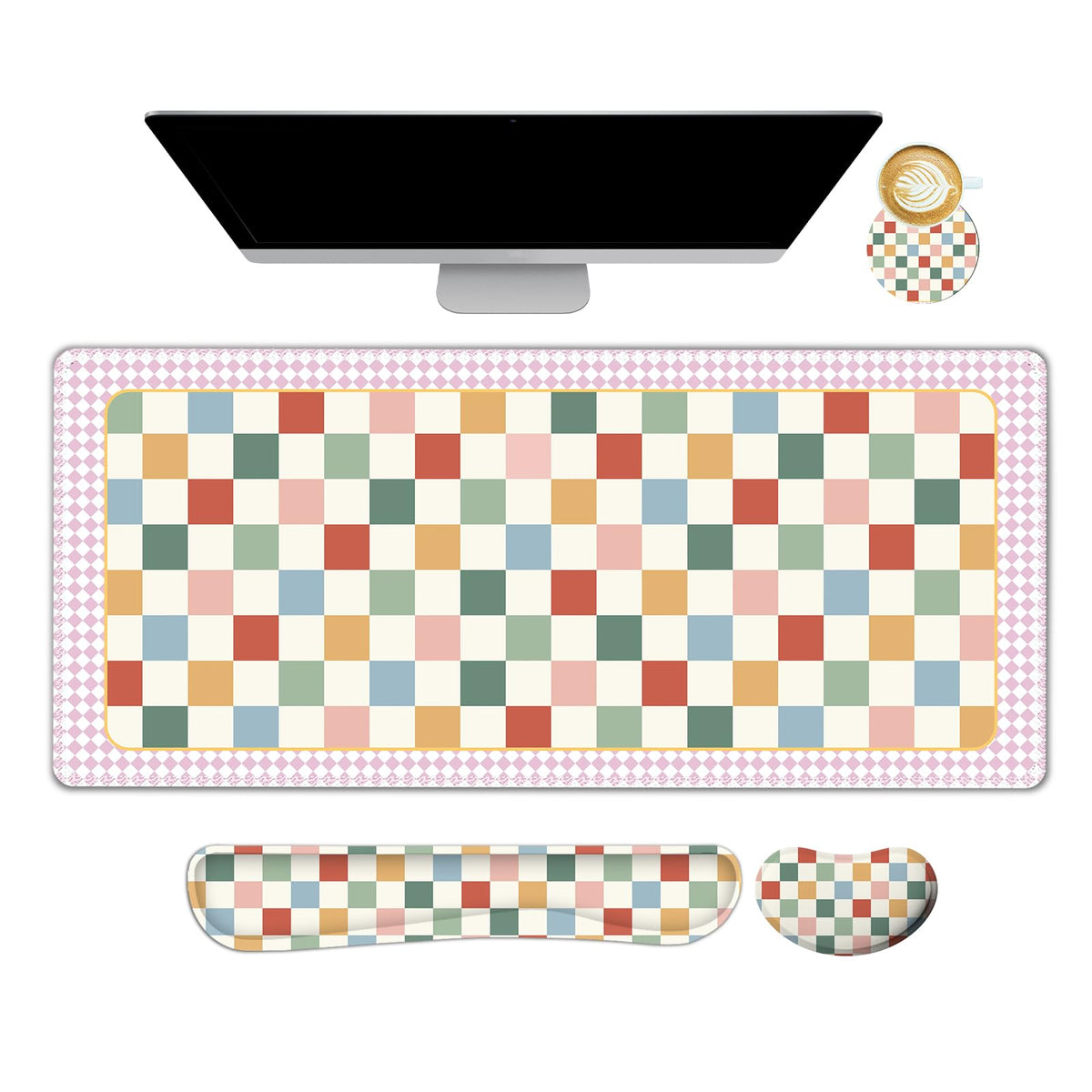 Vintage Macaron Checker Mouse Pad Set, 4 in1 Ergonomics Keyboard Desk Mat with Memory Foam Wrist