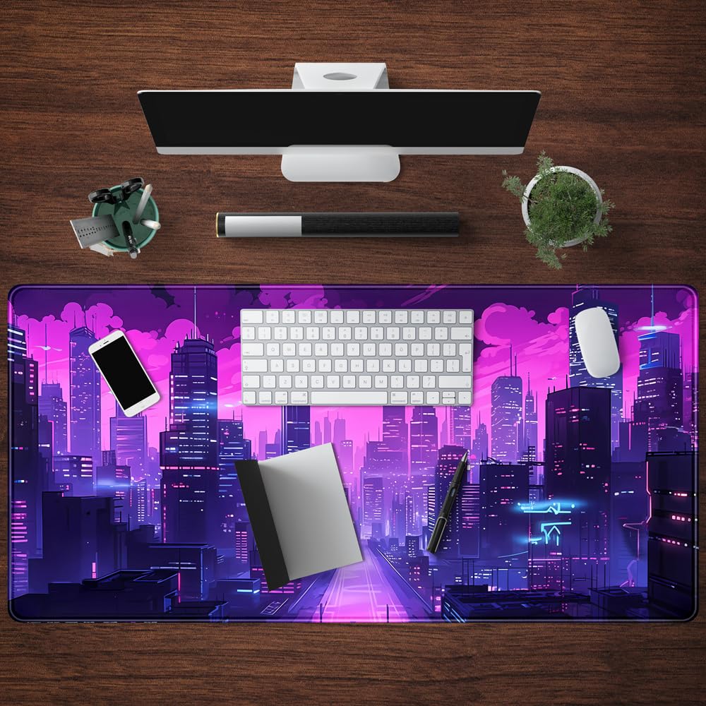 Cyberpunk Neon Purple City Gaming Desk Mouse Pad XL Pink Extended Mouse Pad Gaming, Keyboard Pc
