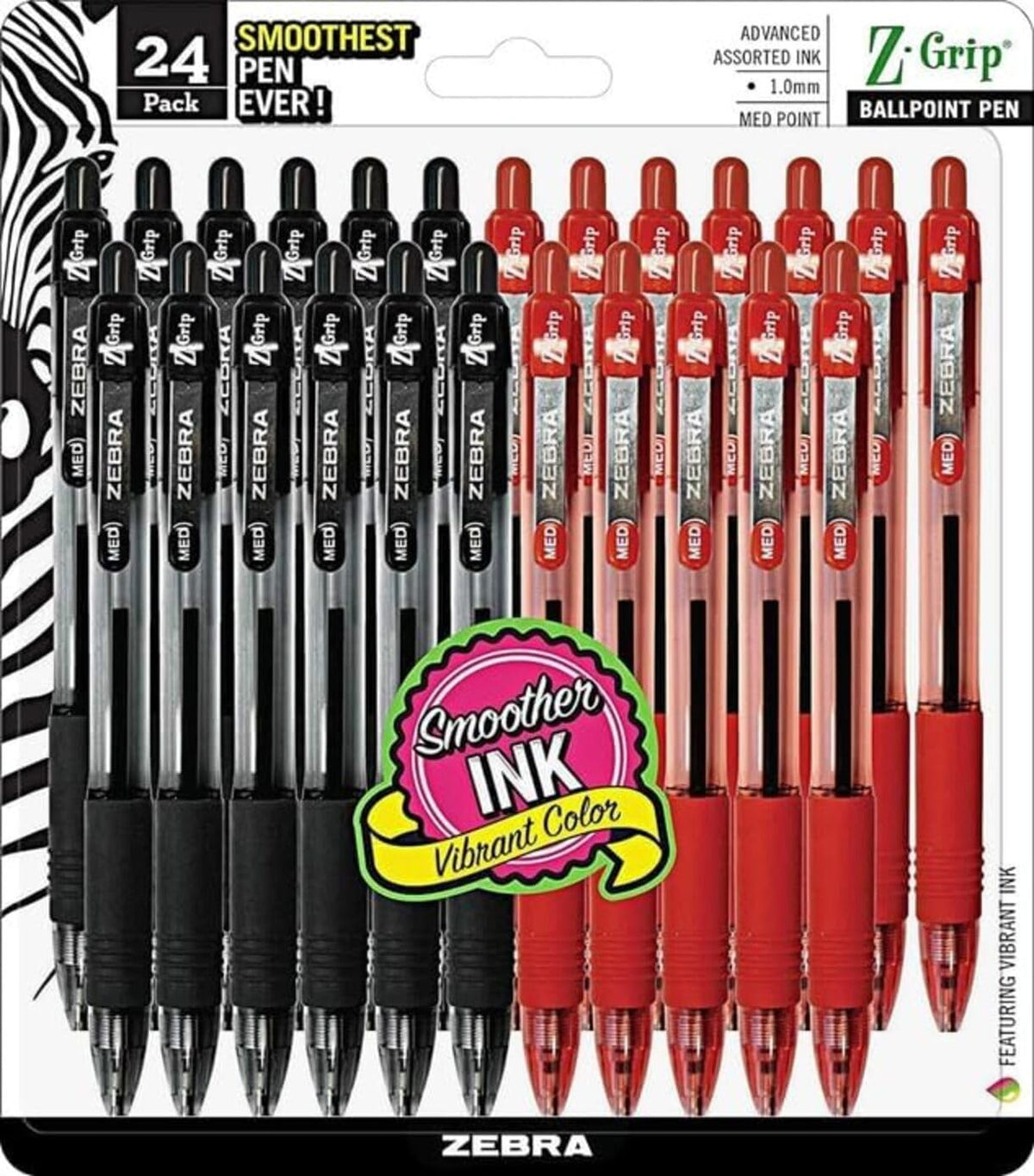 Zebra Pen Z-Grip Retractable Ballpoint Pen, Medium Point 1.0mm, 12 Black & 12 Red Ink Pens, Bulk