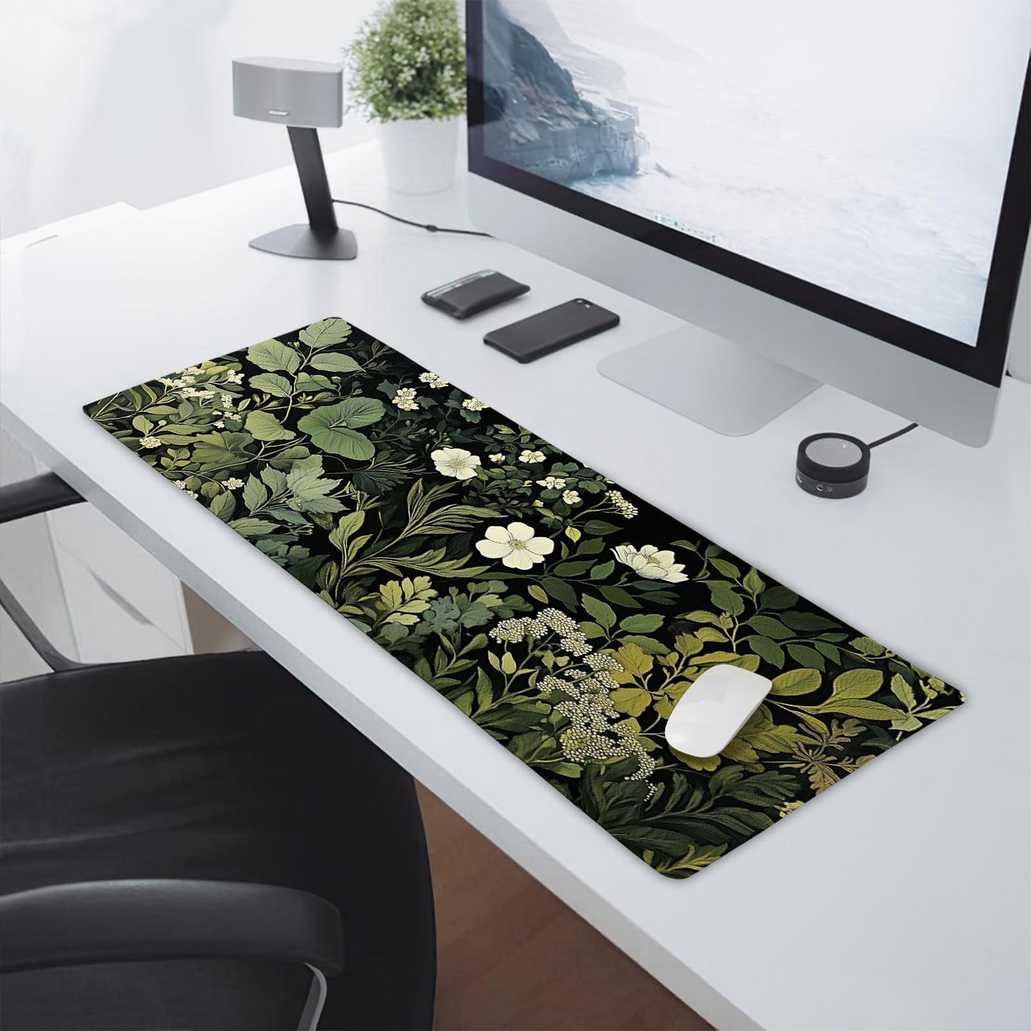 Green Leaves Mouse Pad XL Botanical Plants Beige Floral Extended Table Mat 80X30 cm Non-Slip Rubber