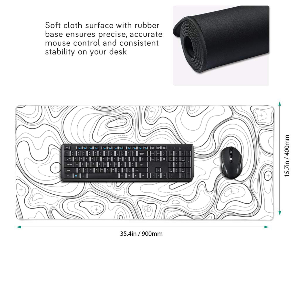 BEYIMEN Gaming Mouse Pad, White Topographic Pattern, 35.4 x 15.7 in