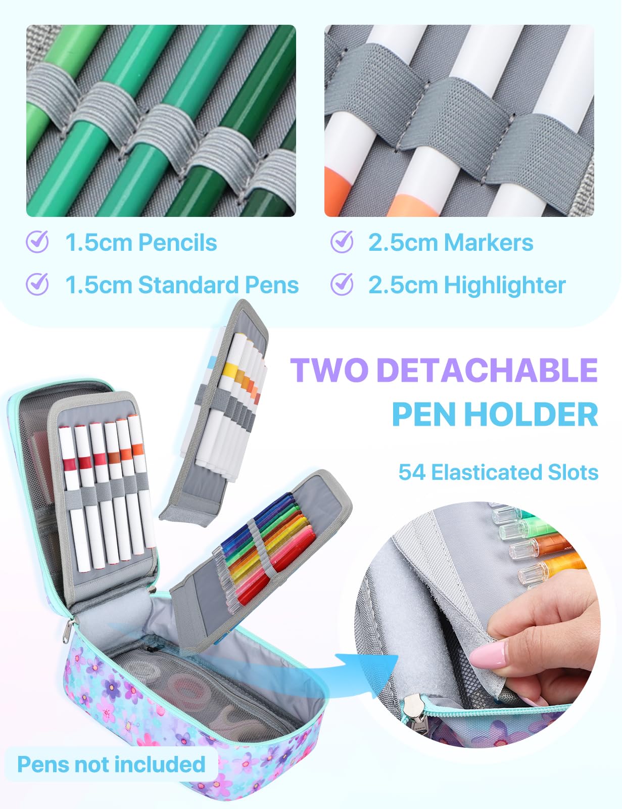 Kasqo Large Pencil Case, 54-Slot Pen Marker Organizer with 5 Layers, Floral