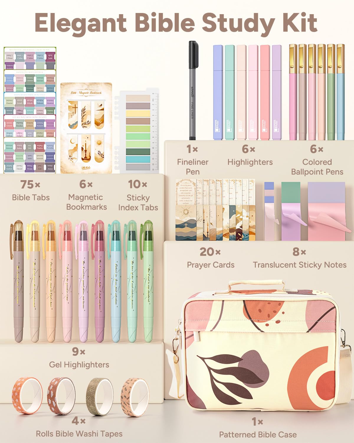 WEMATE 146PCS Bible Journaling Kit with Bag, No Bleed Highlighters and Pens, Tabs, Prayer Cards