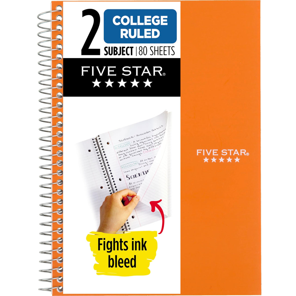 Five Star Spiral Notebook, 2 Subject, College Ruled Paper, 6" x 9-1/2", 80 Sheets, Fights Ink