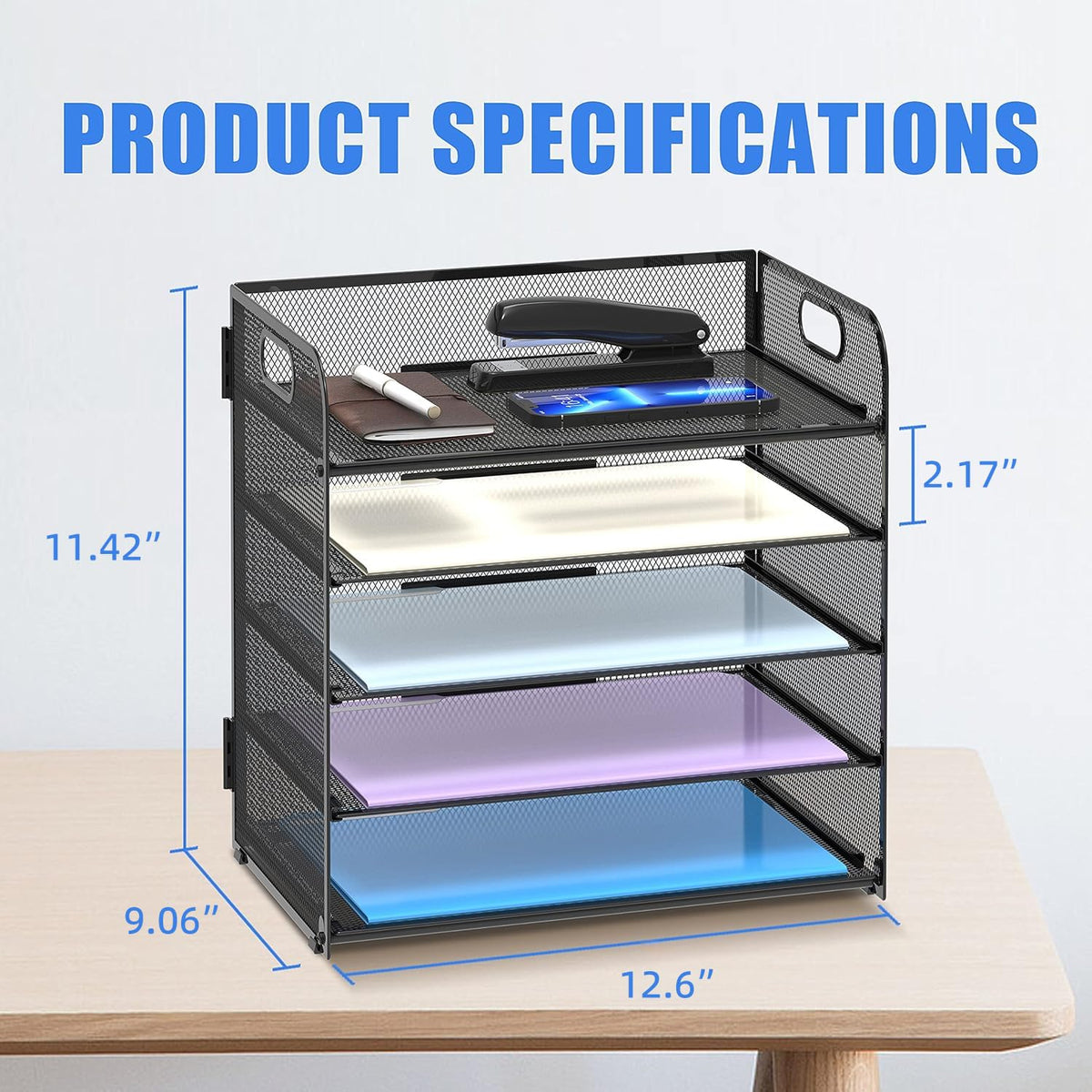 Supeasy 5 Trays Paper Organizer Letter Tray with Handle-Mesh Desk File Holders, Paper Sorter Desk