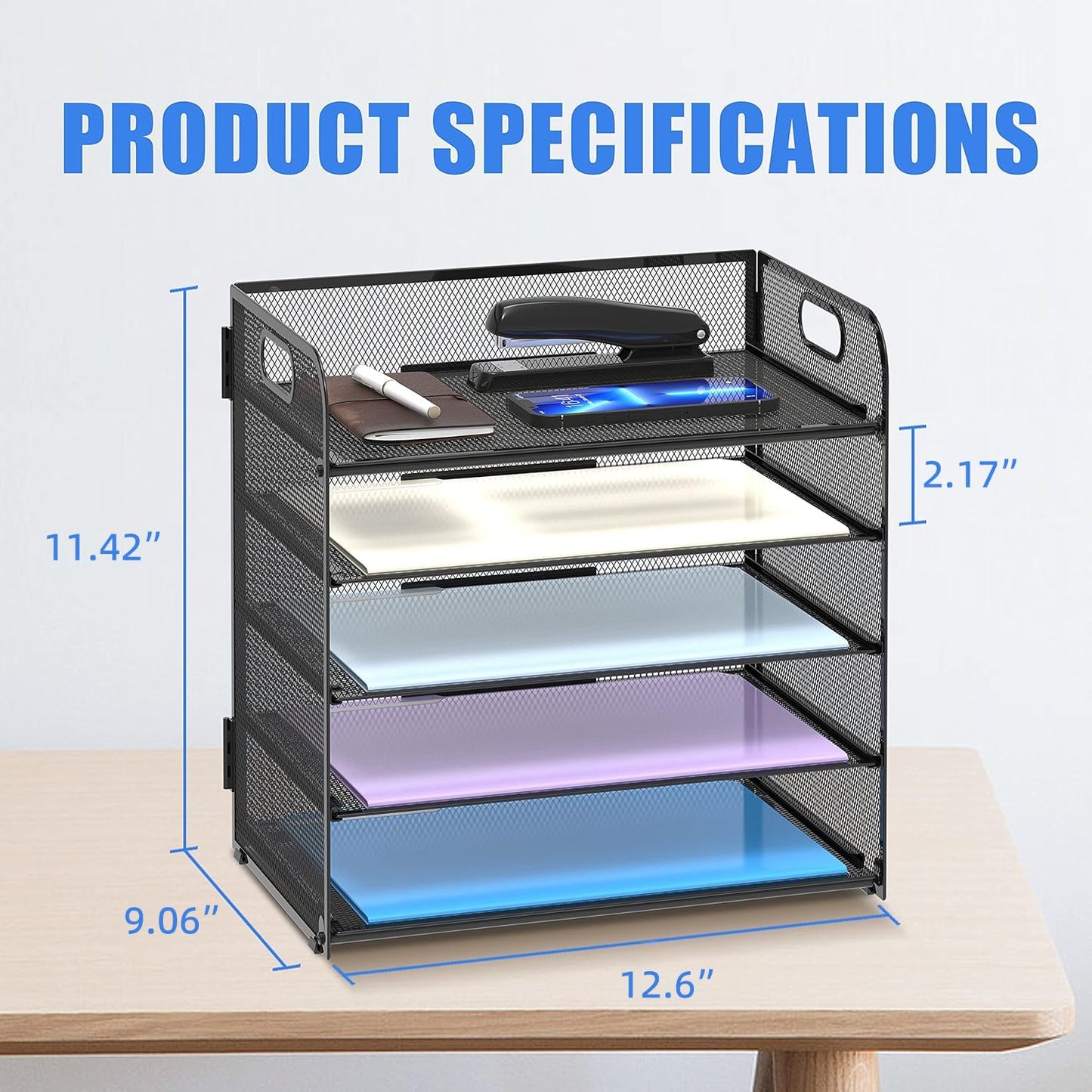 Supeasy 2 Pack 5-Tier Desk Organizer with Handle Mesh Desk File/Paper Organizer Letter Tray for