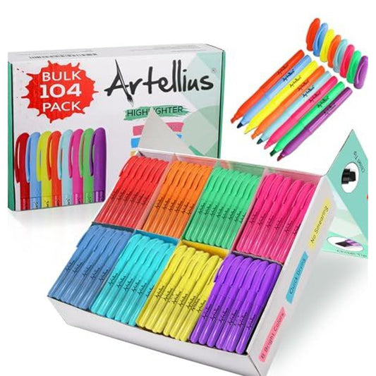 Artellius 104 Pack Vibrant Highlighters Assorted Colors Bulk Set (8 Bright Colors), Quick-Dry, Neon