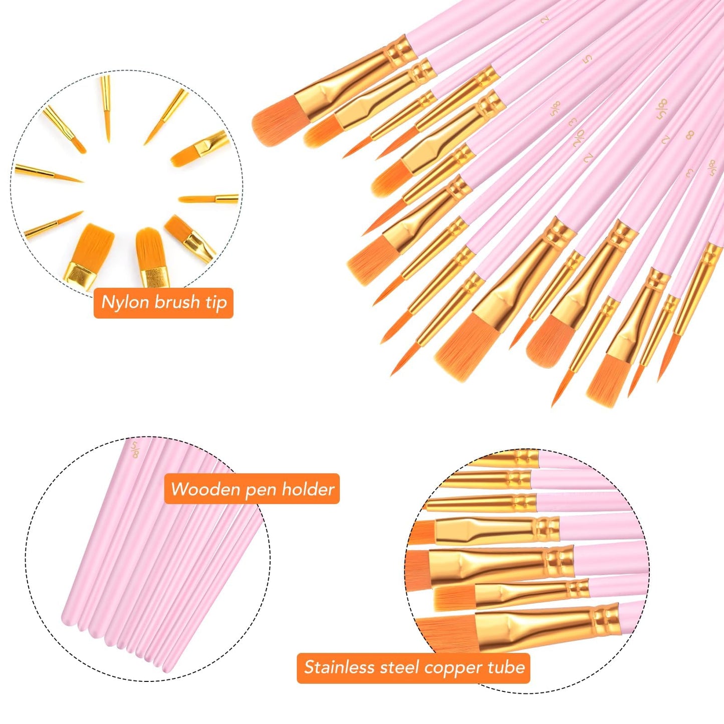 Acrylic Paint Brush Set, 20 Packs/200 pcs Nylon Hair Brushes