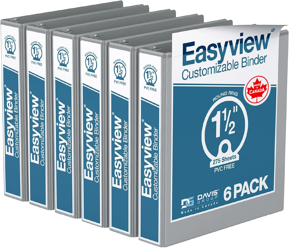 Easyview 3-Ring Binder, Clear-View Cover, 1.5" Round Rings, Gray, 6 Pack