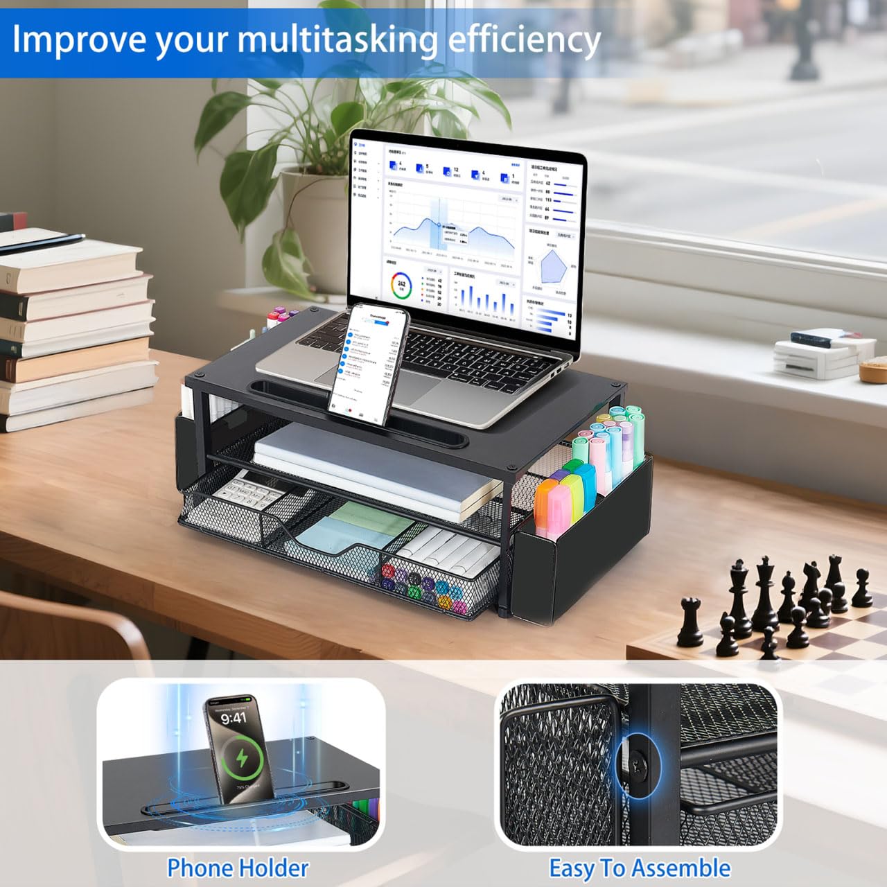 AUPSEN Wood Computer Monitor Stand Riser, 2-Tier Black Desk Organizer with Drawer, Pen Storage &