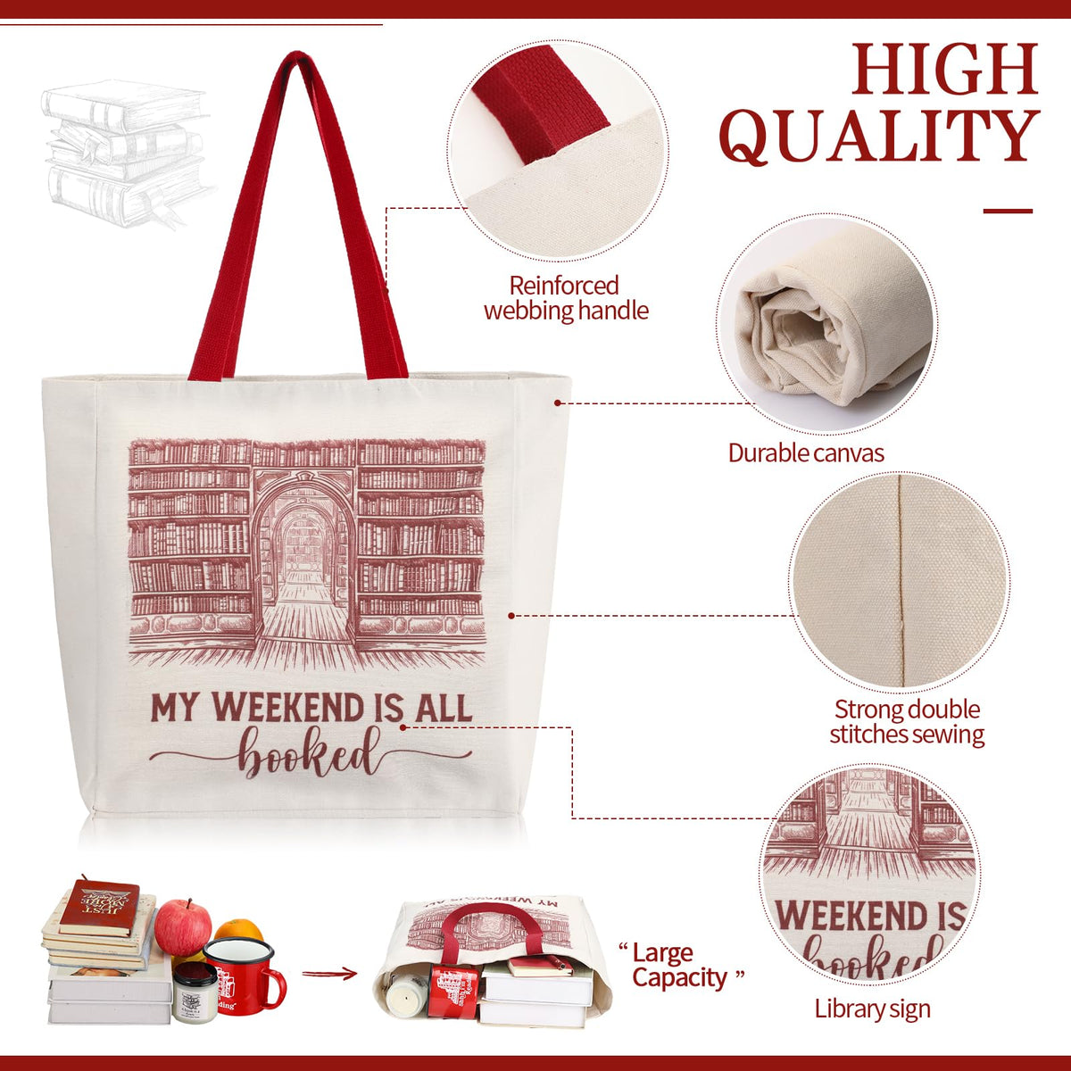 Jetec 5 Piece Book Lovers Set, Canvas Tote Bag Notebook, Candle, Red