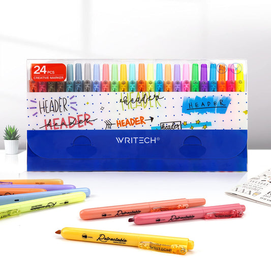 WRITECH Retractable Highlighters Chisel Tip: Assorted Colors 24ct Set