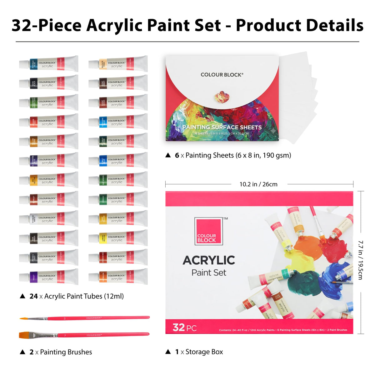 COLOUR BLOCK 32 Acrylic Paint Set with Brushes and 6-Sheet Paper | Art Supplies for Adult Artists