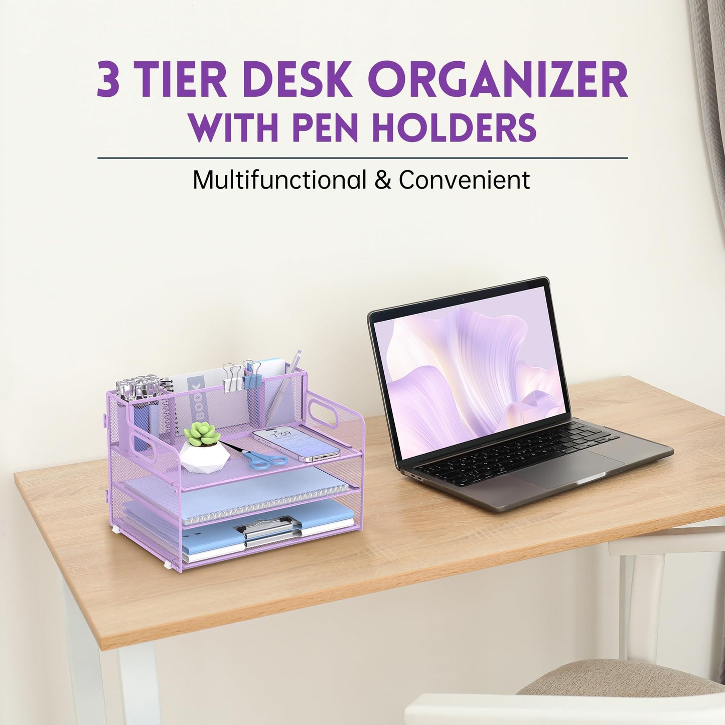 3-Tier Desk Organizer with Pen Holder and Handles, Paper Organizer, Purple