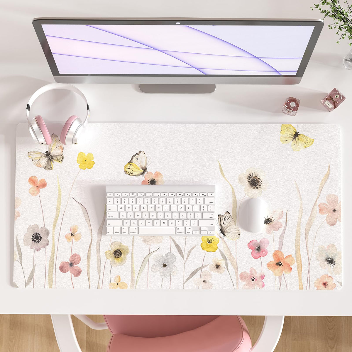 Faux Leather Large Mouse Pad, Office Desk Mat, 31.5"x15.7", Butterflies