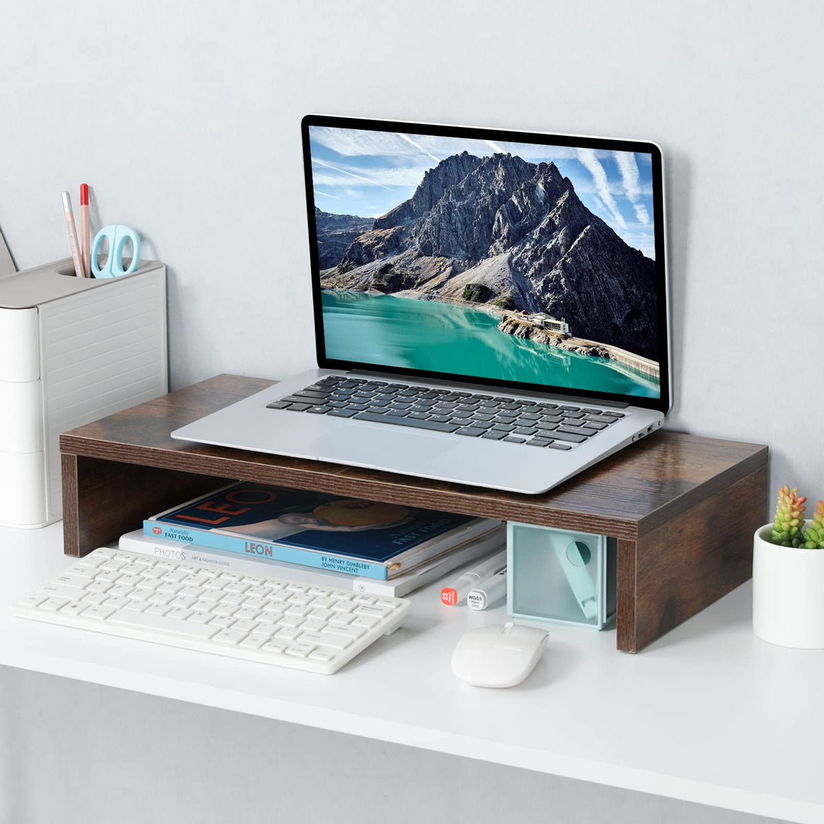 TEAMIX 20 inch Wood Monitor Stand Riser, Desktop Riser Shelf, Rustic Brown