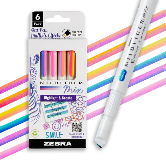 Zebra Pen MILDLINER Mix No Bleed Highlighter, Assorted, Chisel Tip, 6-Pack